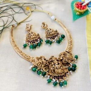 Lakshmi Peacock Necklace with Green Beads